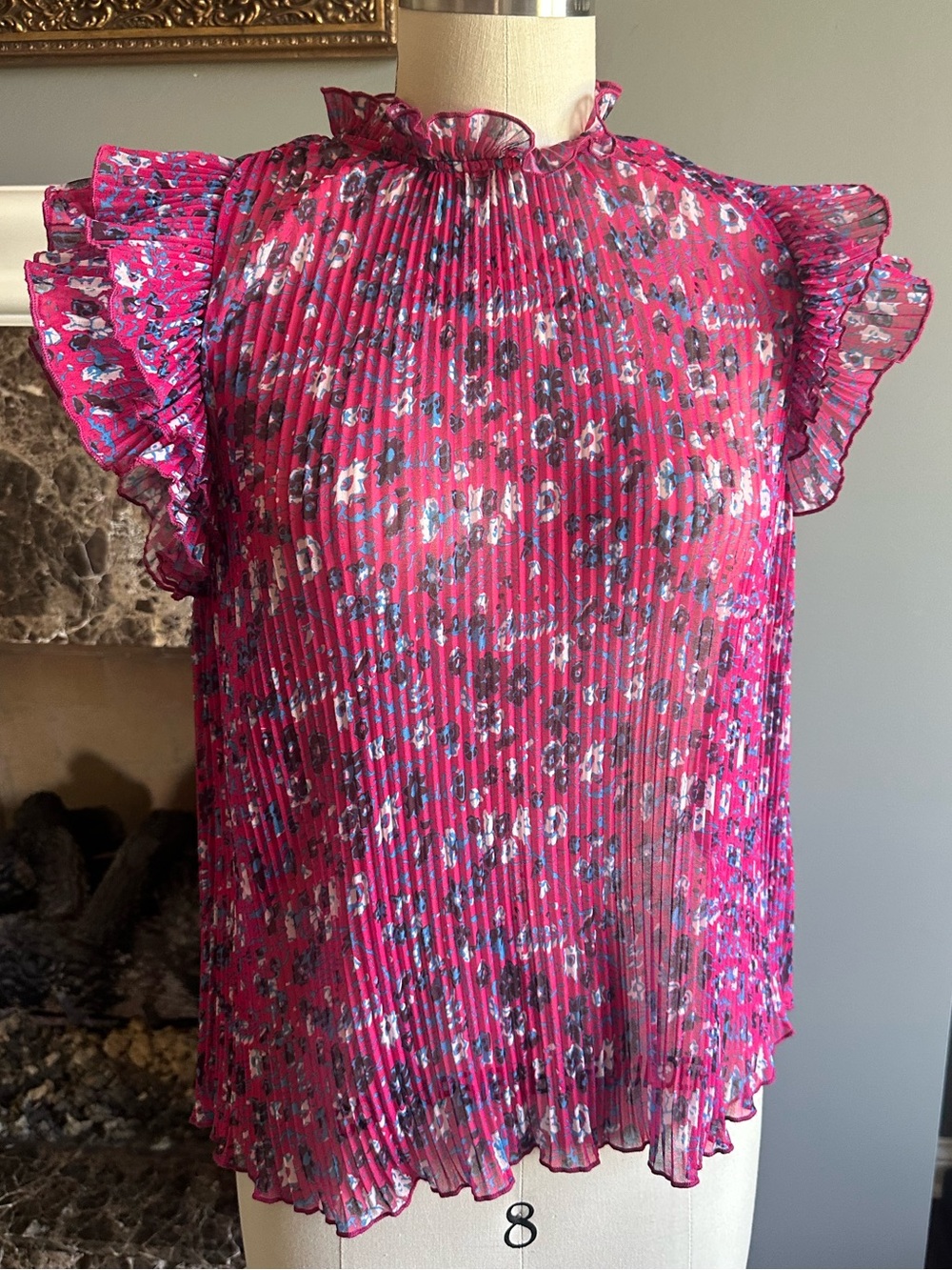 Anthropologie Pleated Ruffle Sleeve Floral Top in Pink, Medium